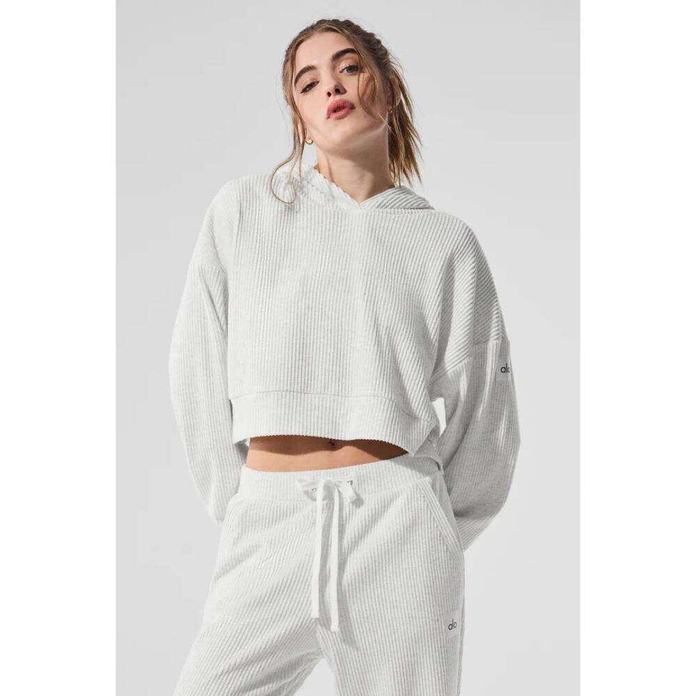 Alo Yoga Muse Hoodie Ivory Ribbed Cropped Pullover Oversized Sports Gym Active M